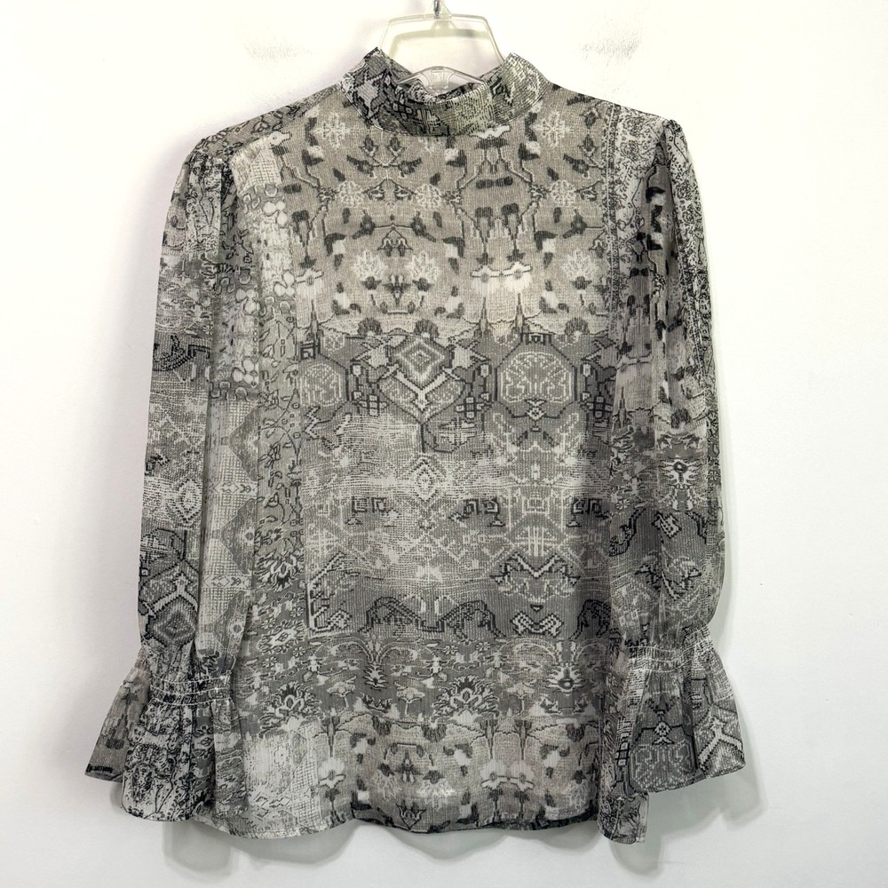 Calvin Klein Blouse M Grey Chiffon Lined 3/4 Sleeve Gray Mock Neck Party Top NEW
